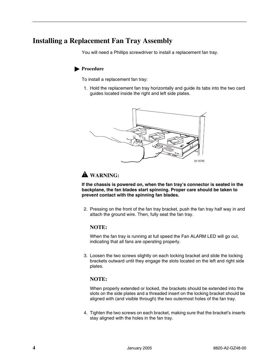 Installing a replacement fan tray assembly, Warning, Procedure | Paradyne Fan Tray Assembly 8820-S3-900 User Manual | Page 4 / 6