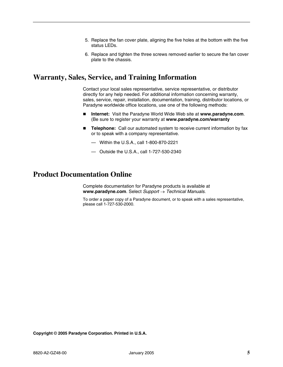 Warranty, sales, service, and training information, Product documentation online | Paradyne Fan Tray Assembly 8820-S3-900 User Manual | Page 5 / 6