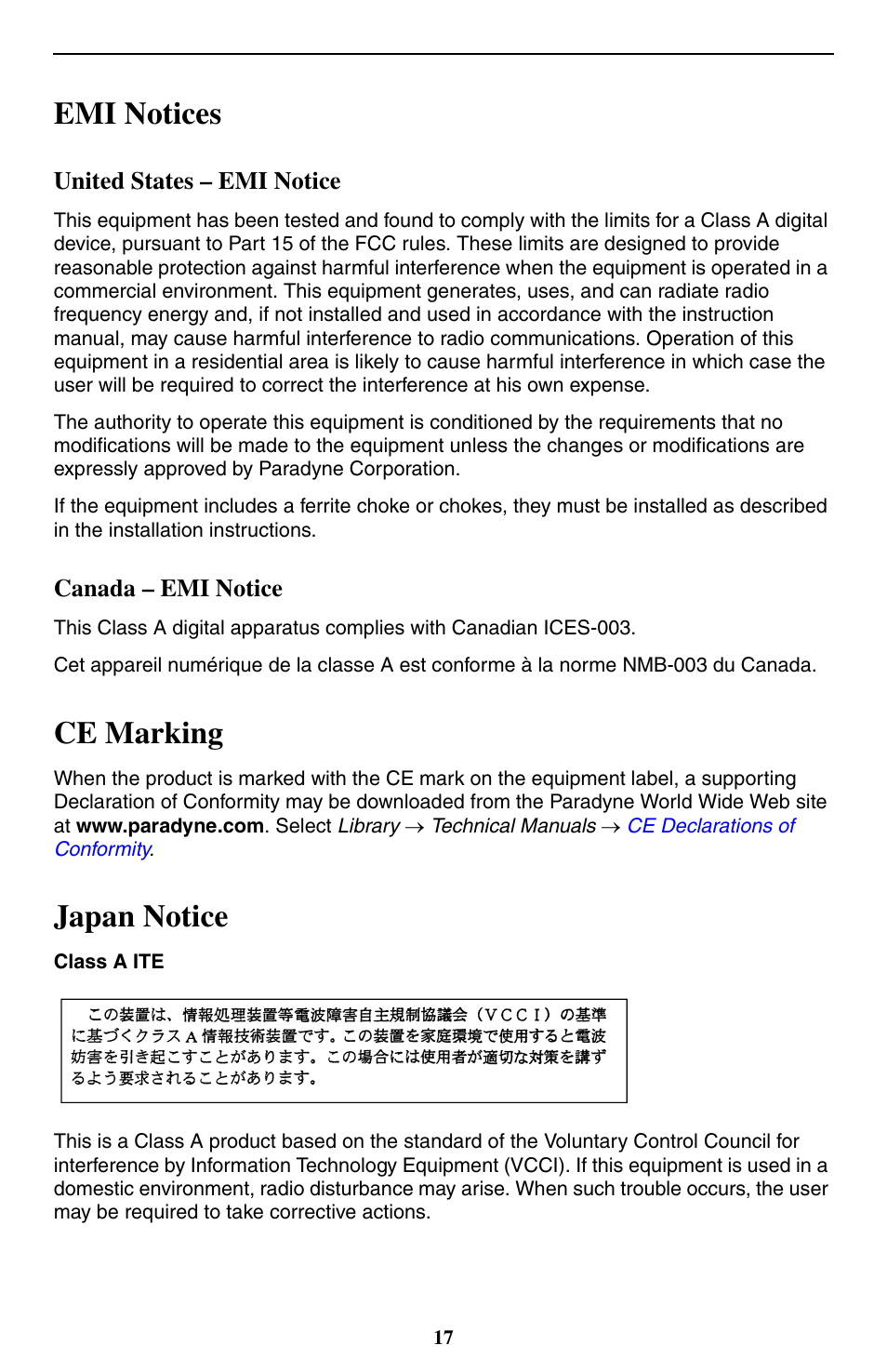 Emi notices, United states - emi notice, Canada - emi notice | Ce marking, Japan notice | Paradyne 9550 DS3 User Manual | Page 17 / 20