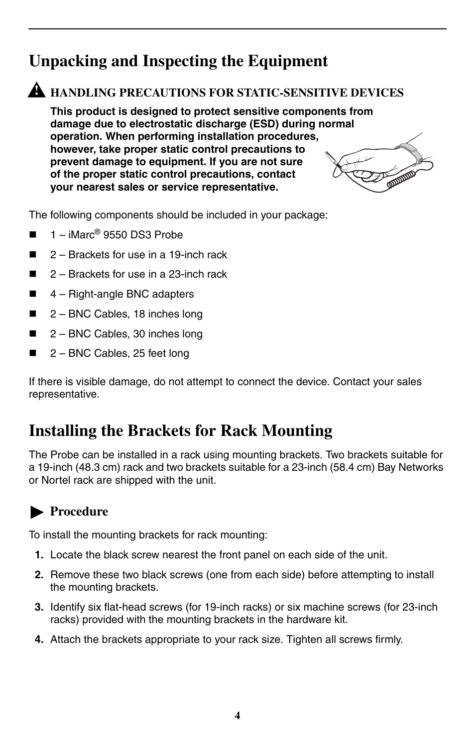 Unpacking and inspecting the equipment, Installing the brackets for rack mounting, Procedure | Paradyne 9550 DS3 User Manual | Page 4 / 20