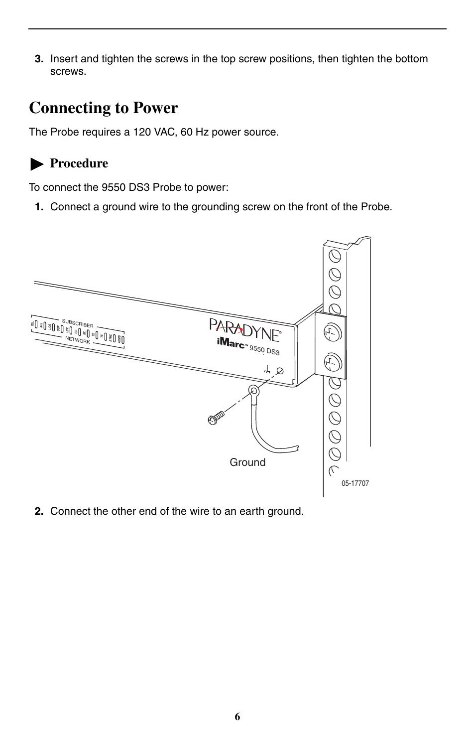 Connecting to power, Procedure, Ground | Paradyne 9550 DS3 User Manual | Page 6 / 20