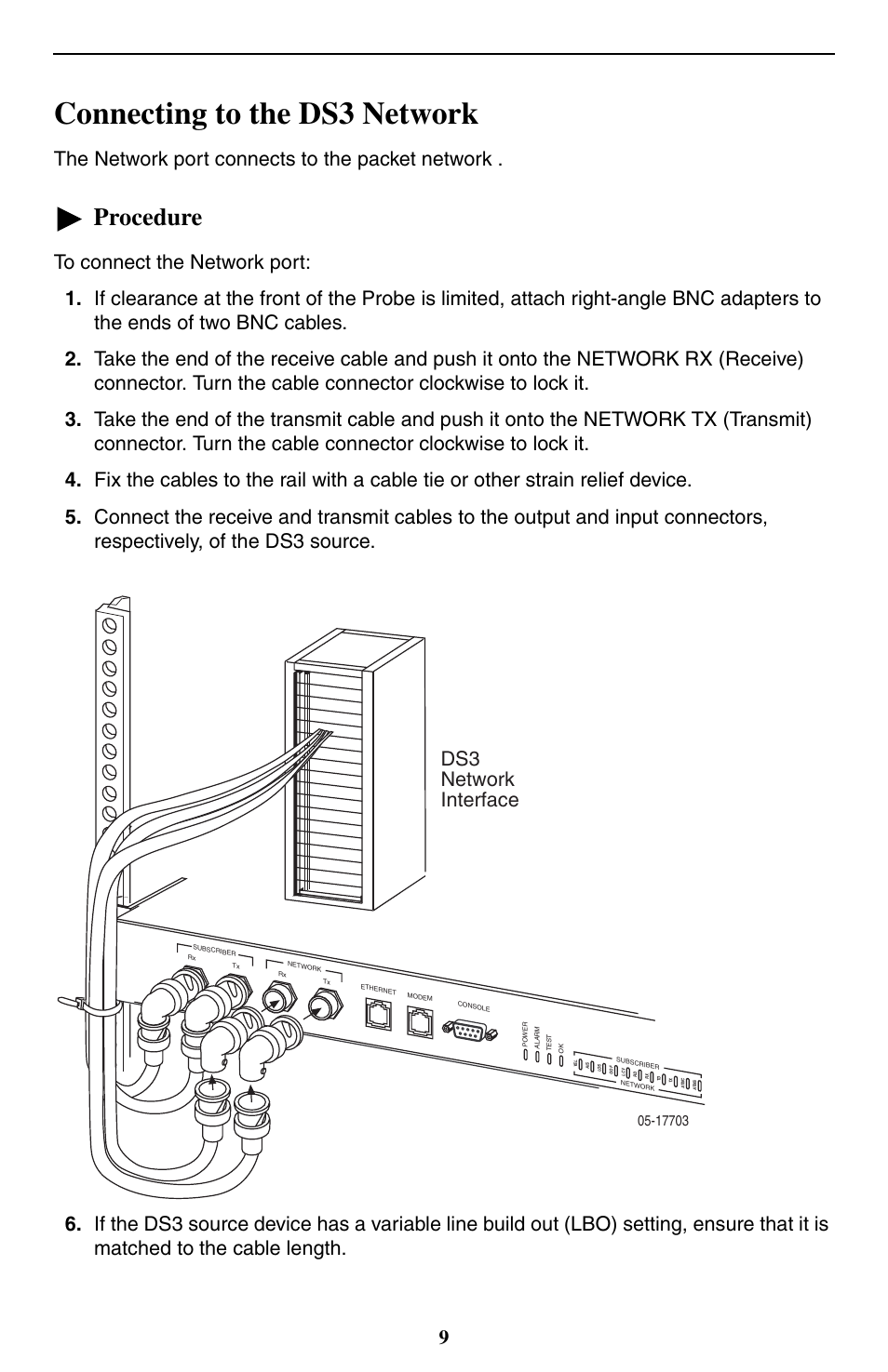 Connecting to the ds3 network, Procedure, The network port connects to the packet network | Ds3 network interface | Paradyne 9550 DS3 User Manual | Page 9 / 20