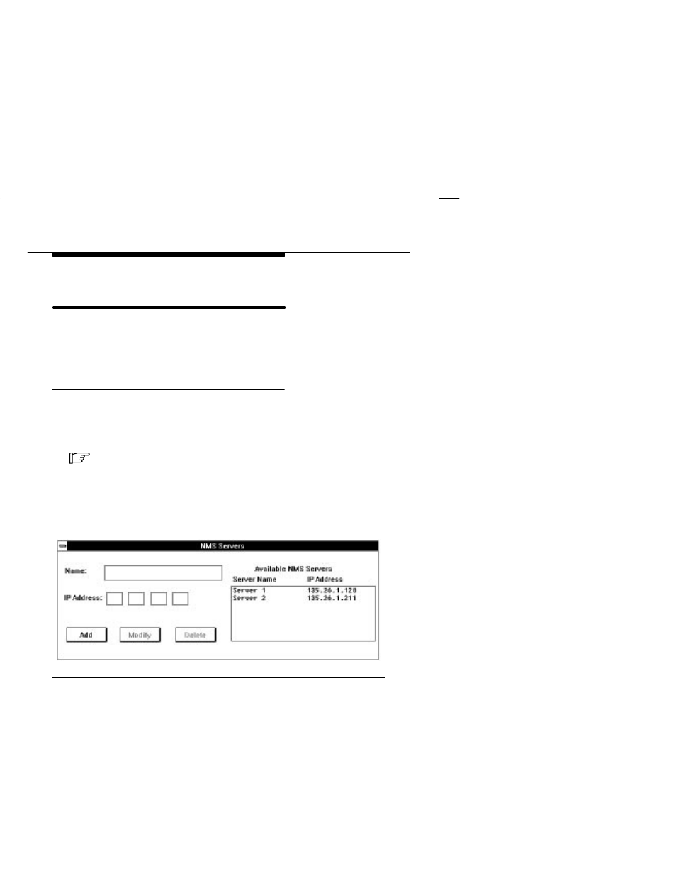 Designating nms server names and ip, Addresses, Adding names and ip addresses | Nms server dialog box, Designating nms server names and ip addresses | Paradyne COMSPHERE 6700-A2-GB22-00 User Manual | Page 17 / 60