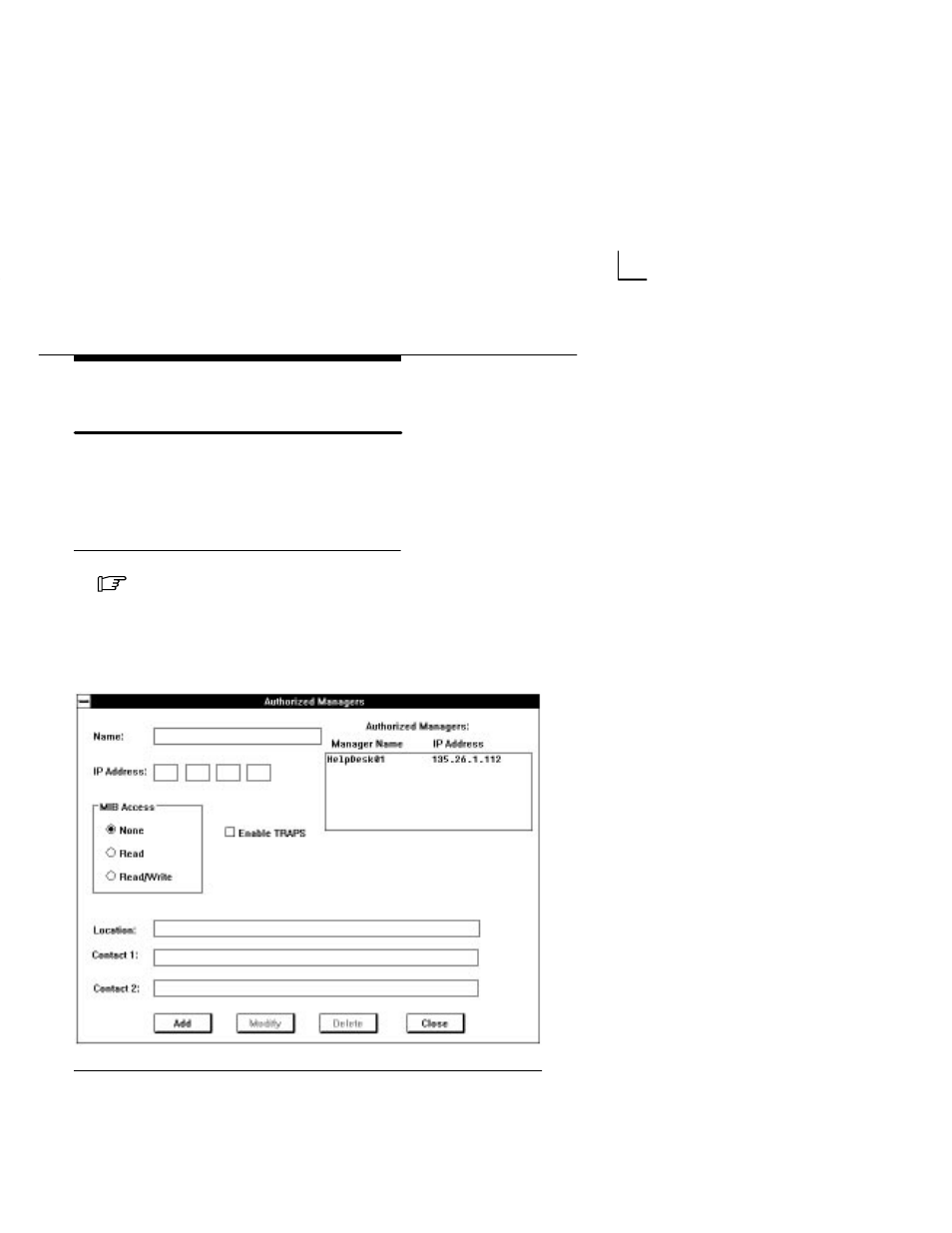 Configuring authorized snmp managers, Adding authorized manager information, Authorized managers dialog box | Paradyne COMSPHERE 6700-A2-GB22-00 User Manual | Page 32 / 60