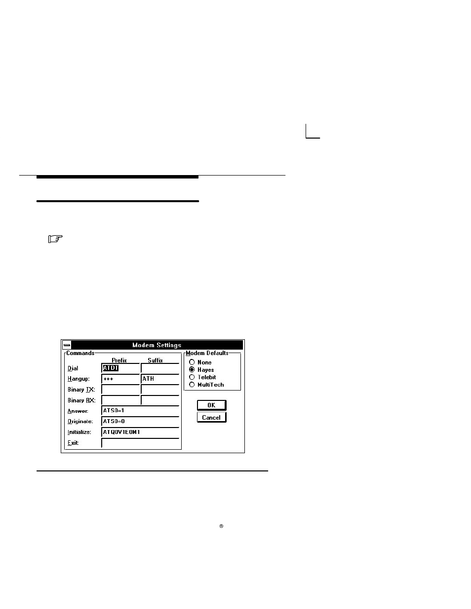 Choosing modem settings, Modem settings dialog box | Paradyne COMSPHERE 6700-A2-GB22-00 User Manual | Page 43 / 60