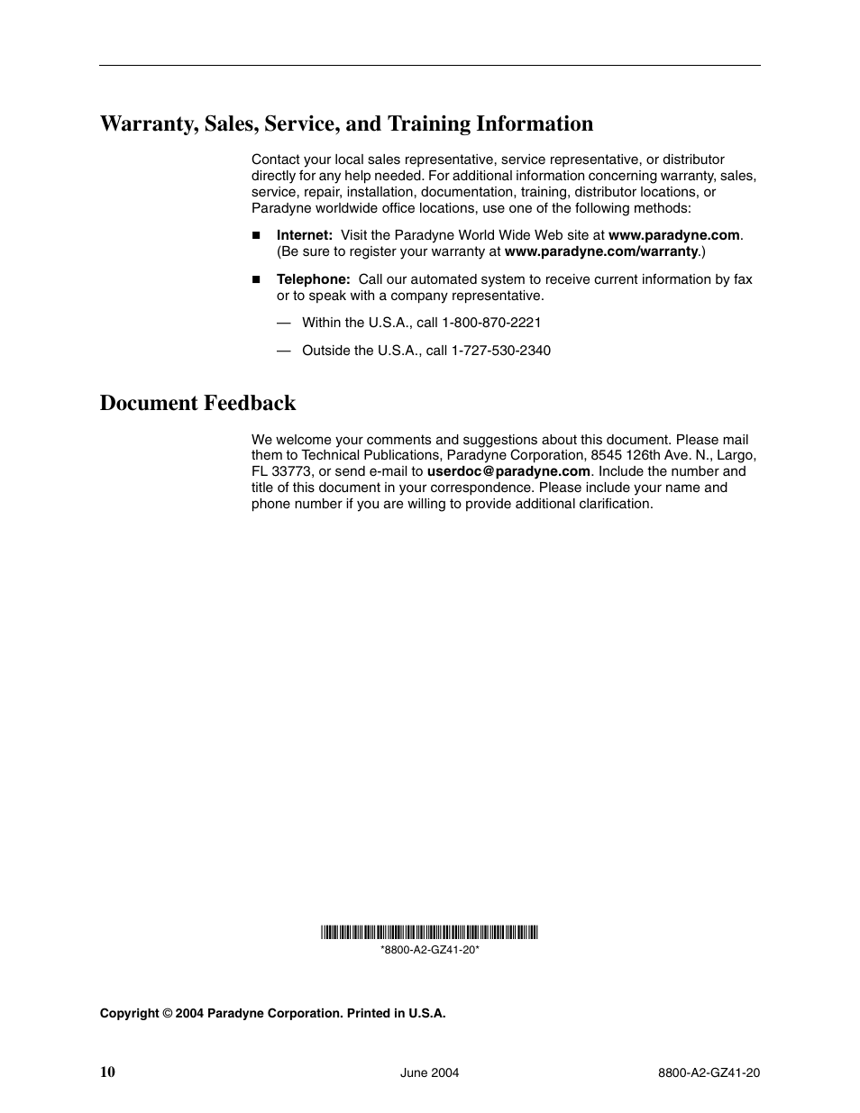 Warranty, sales, service, and training information, Document feedback | Paradyne Broadband Access Concentrator 8820 User Manual | Page 10 / 10