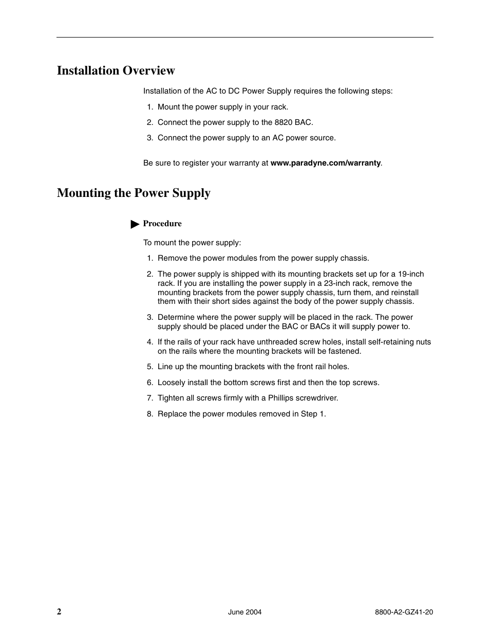 Installation overview, Mounting the power supply | Paradyne Broadband Access Concentrator 8820 User Manual | Page 2 / 10