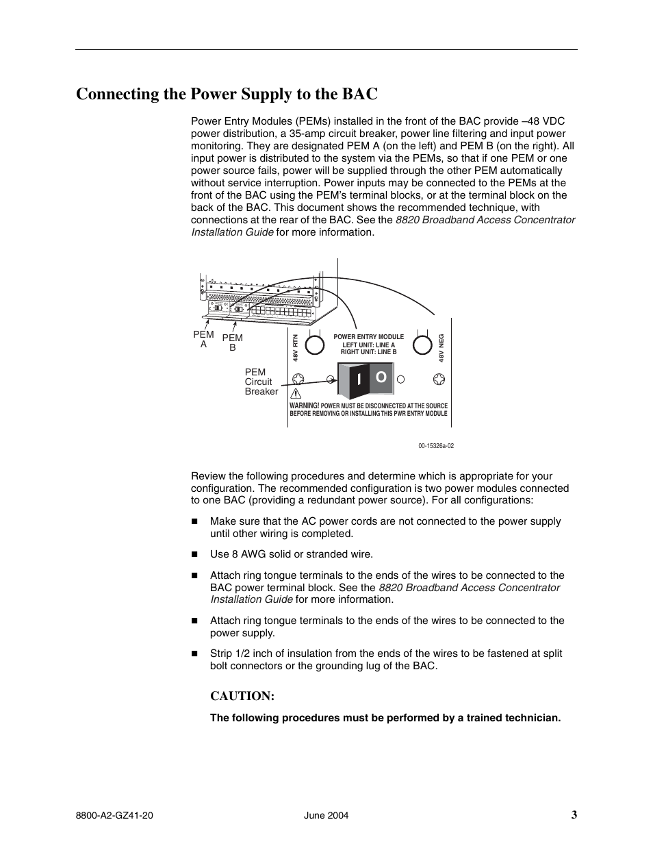Connecting the power supply to the bac, Caution | Paradyne Broadband Access Concentrator 8820 User Manual | Page 3 / 10