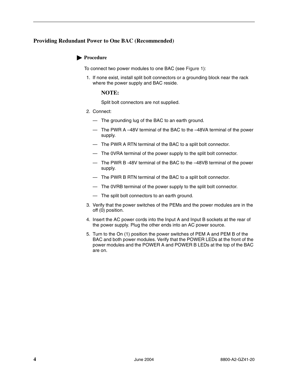 Providing redundant power to one bac (recommended) | Paradyne Broadband Access Concentrator 8820 User Manual | Page 4 / 10