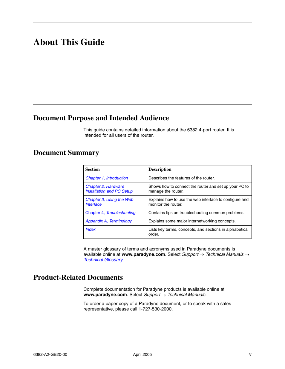 About this guide, Document purpose and intended audience, Document summary | Product-related documents | Paradyne 6382 User Manual | Page 11 / 76