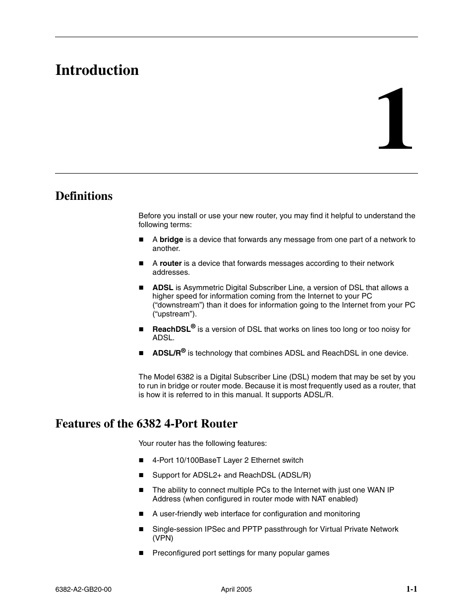 Introduction, Definitions, Features of the 6382 4-port router | Chapter 1, introduction | Paradyne 6382 User Manual | Page 13 / 76