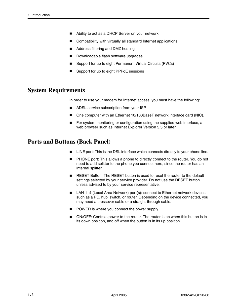 System requirements, Ports and buttons (back panel) | Paradyne 6382 User Manual | Page 14 / 76