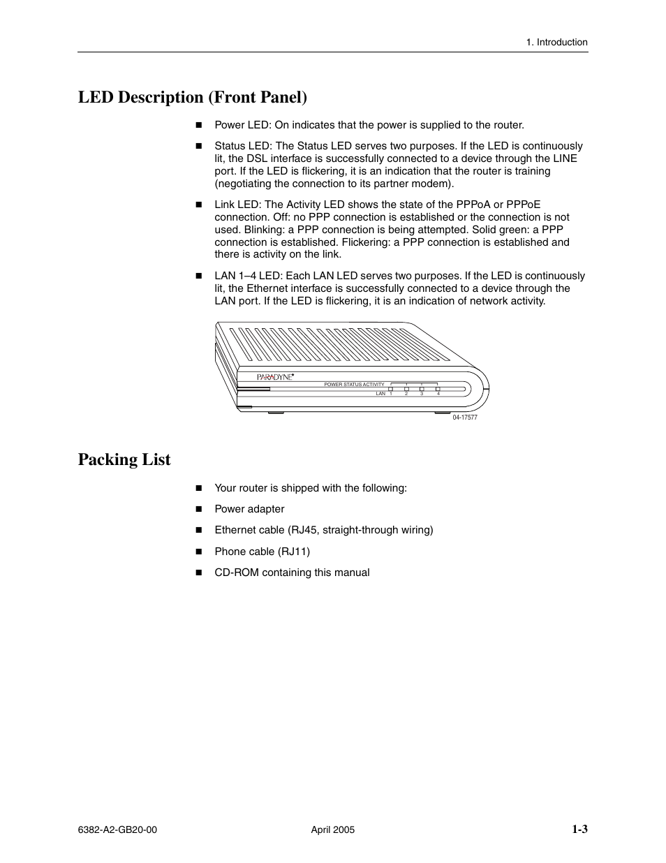 Led description (front panel), Packing list | Paradyne 6382 User Manual | Page 15 / 76
