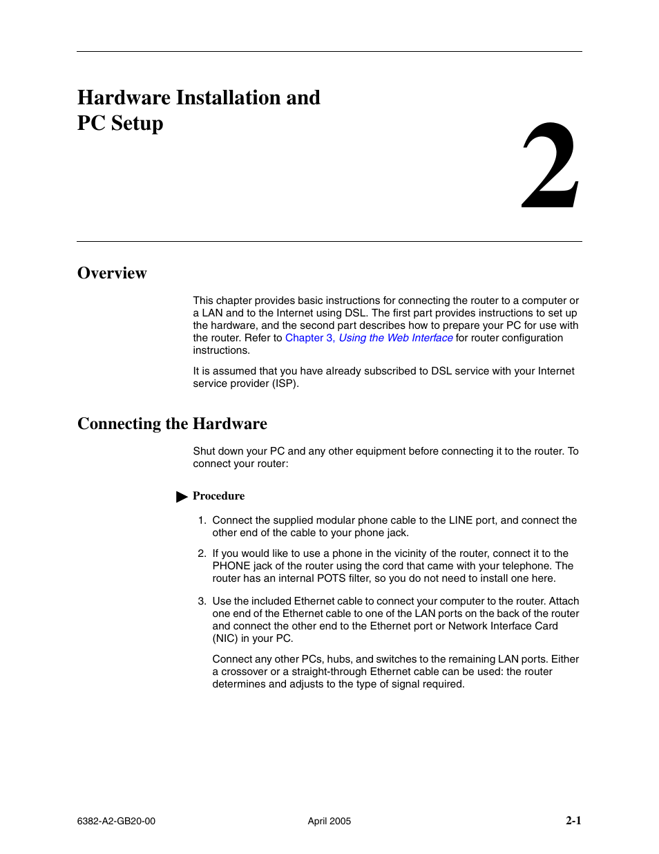 Hardware installation and pc setup, Overview, Connecting the hardware | Chapter 2, hardware installation and pc setup | Paradyne 6382 User Manual | Page 17 / 76