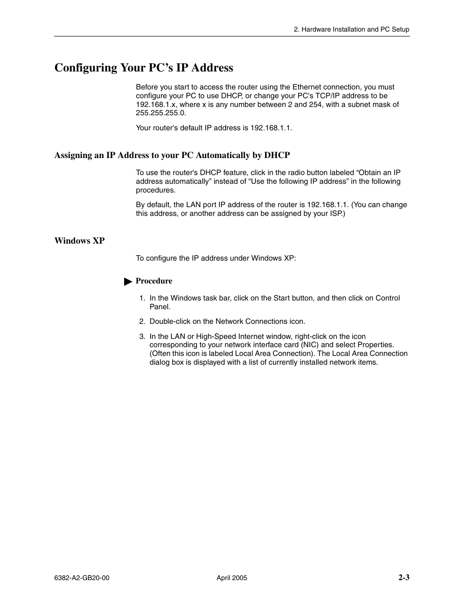 Configuring your pc’s ip address, Windows xp | Paradyne 6382 User Manual | Page 19 / 76