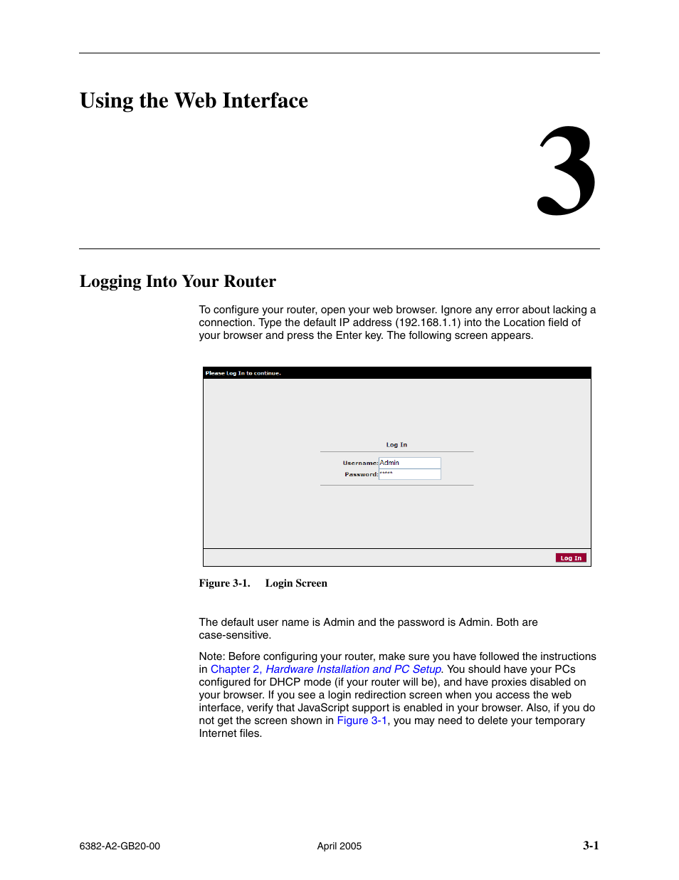 Using the web interface, Logging into your router, Chapter 3, using the web interface | Paradyne 6382 User Manual | Page 25 / 76