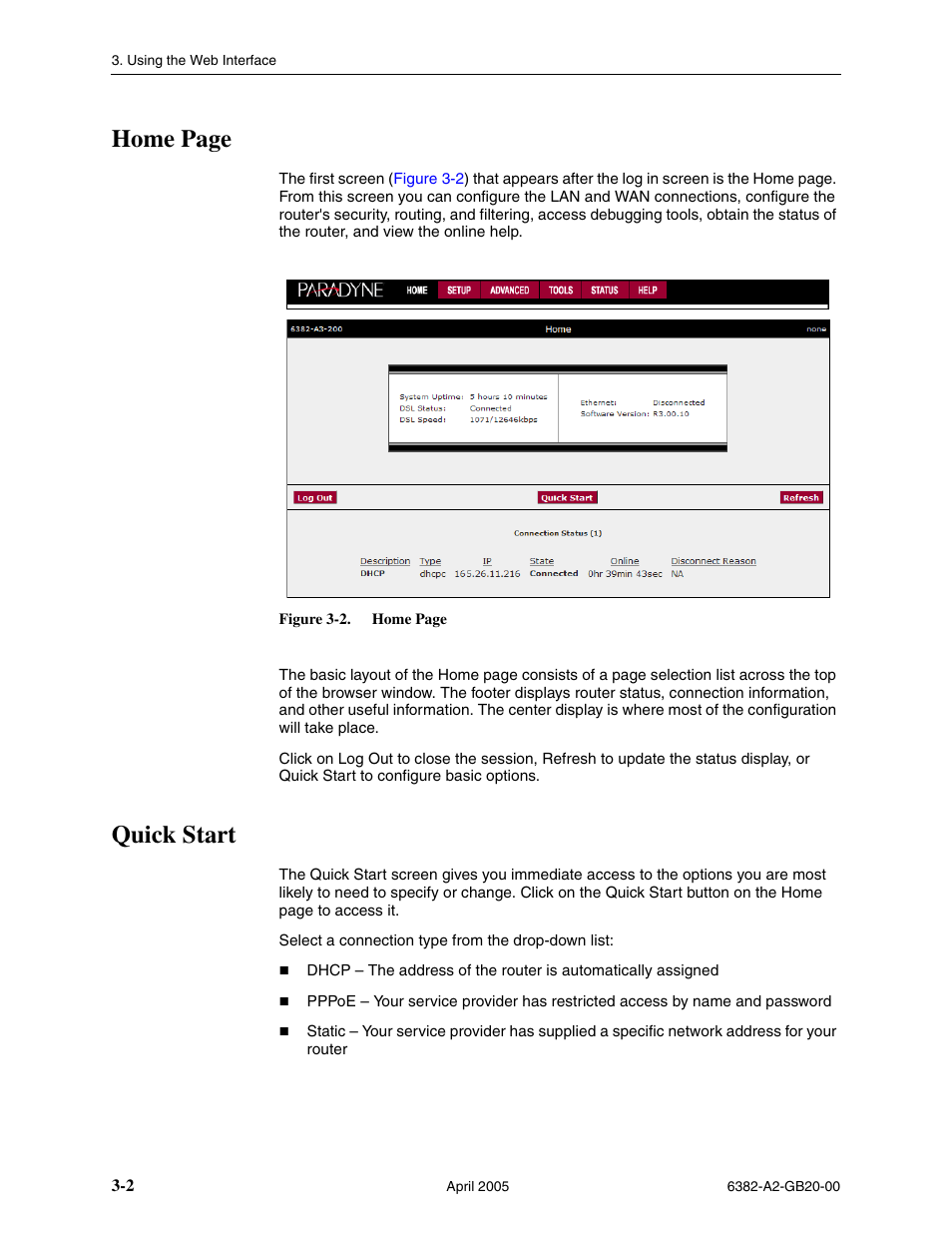 Quick start, Home page | Paradyne 6382 User Manual | Page 26 / 76