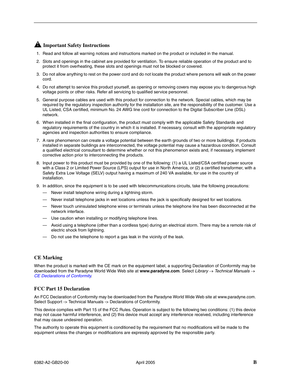 Bimportant safety instructions, Ce marking, Fcc part 15 declaration | Paradyne 6382 User Manual | Page 3 / 76