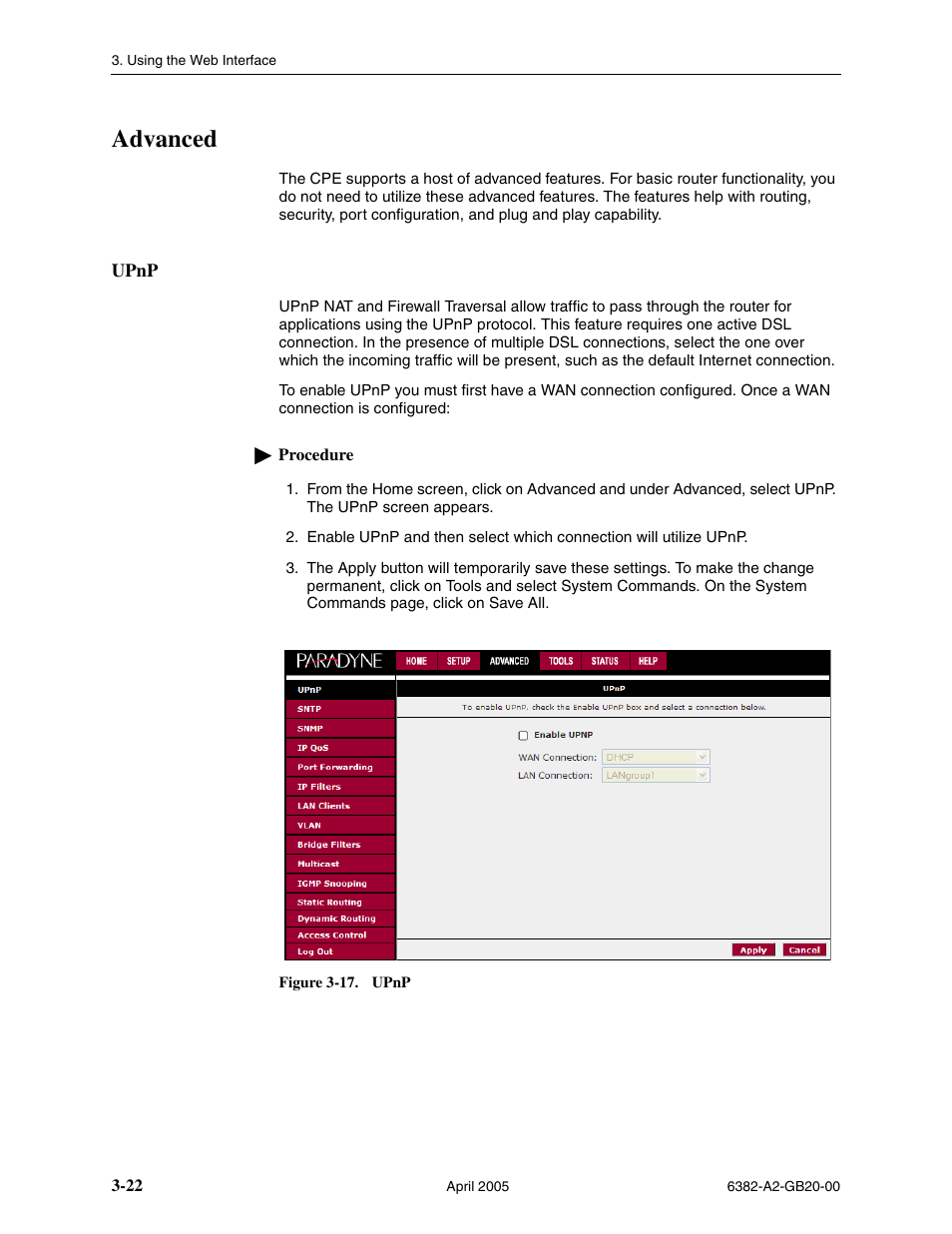 Advanced, Upnp | Paradyne 6382 User Manual | Page 46 / 76