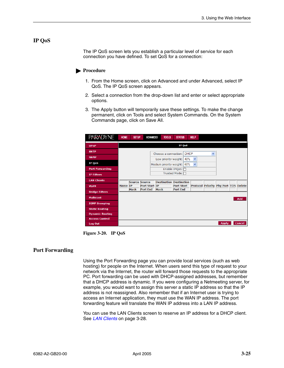 Ip qos, Port forwarding | Paradyne 6382 User Manual | Page 49 / 76