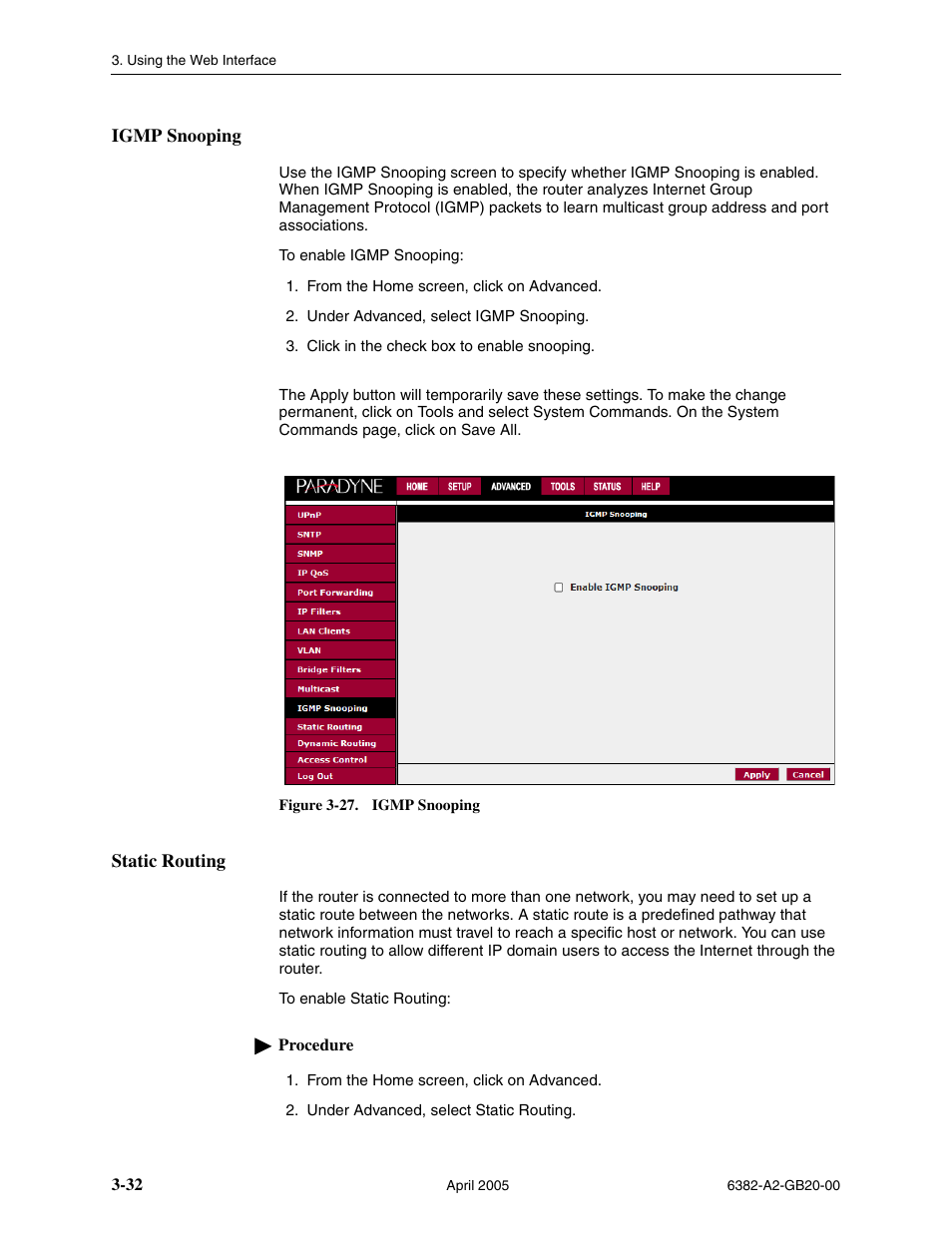 Igmp snooping, Static routing | Paradyne 6382 User Manual | Page 56 / 76