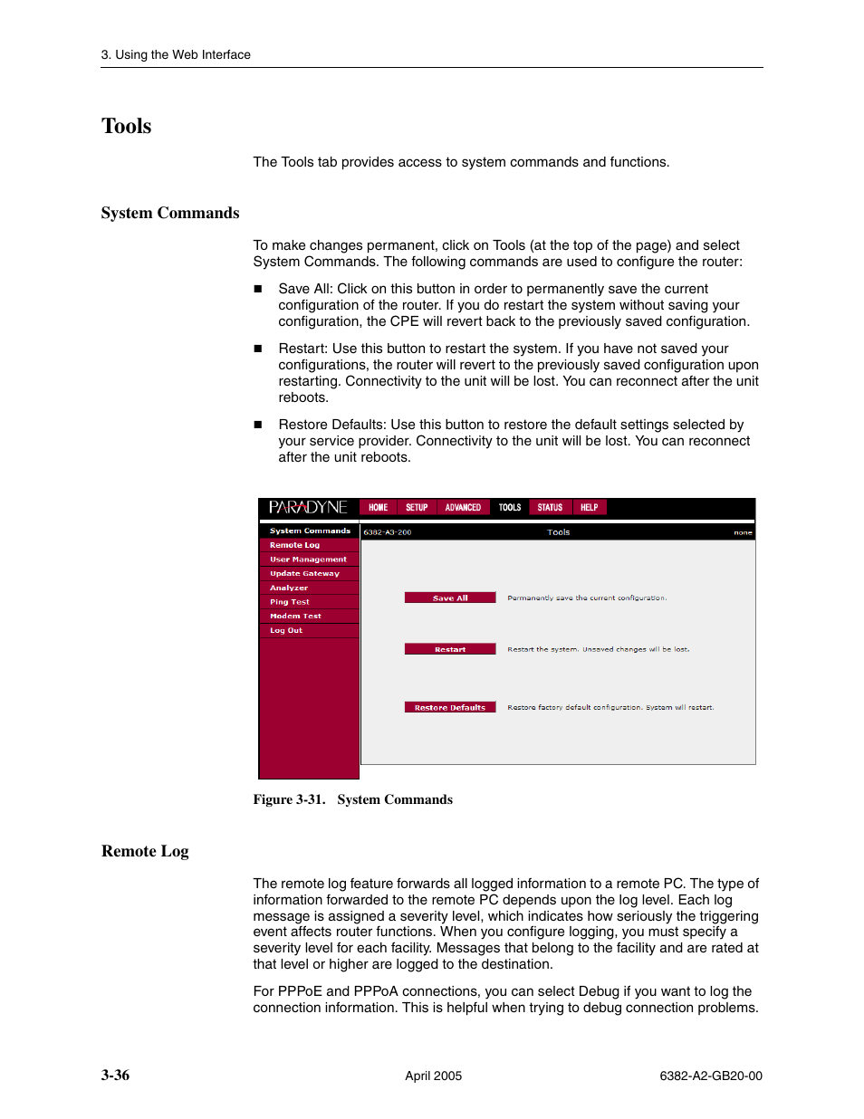 Tools, System commands, Remote log | Paradyne 6382 User Manual | Page 60 / 76