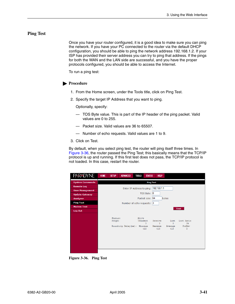 Ping test | Paradyne 6382 User Manual | Page 65 / 76