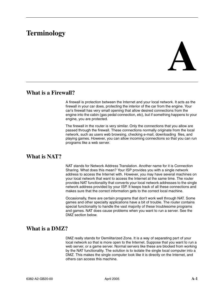 Terminology, What is a firewall, What is nat | What is a dmz, A terminology, Appendix a, terminology, Appendix a | Paradyne 6382 User Manual | Page 71 / 76