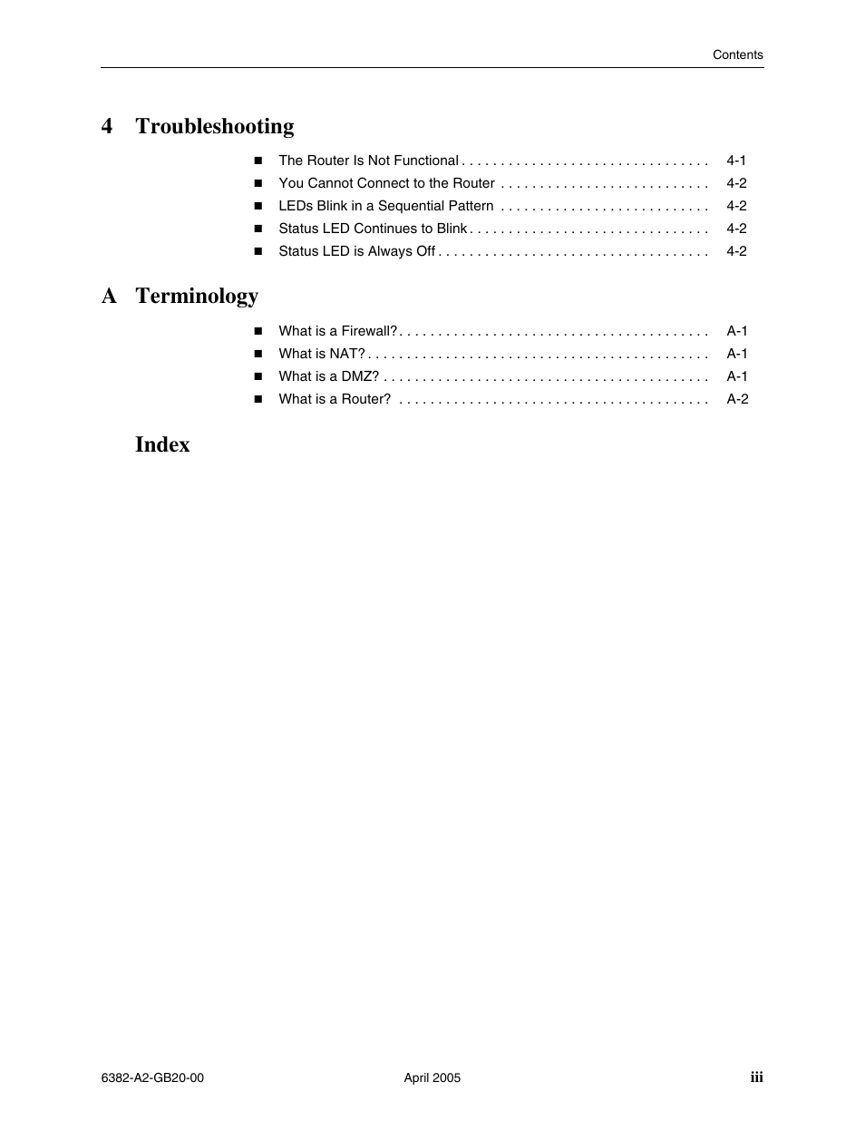 4troubleshooting, A terminology, Index | Paradyne 6382 User Manual | Page 9 / 76