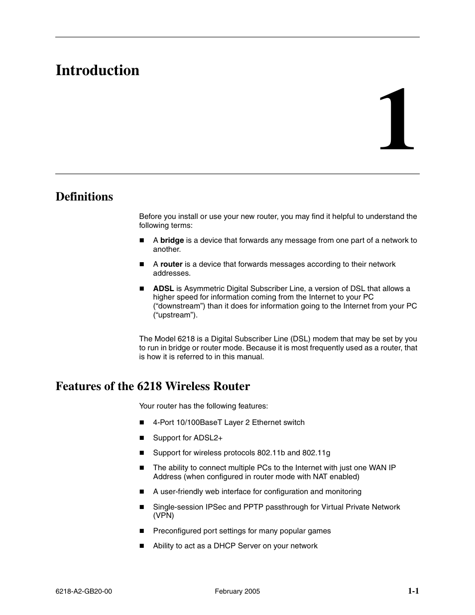 Introduction, Definitions, Features of the 6218 wireless router | Chapter 1, introduction | Paradyne 6218 User Manual | Page 13 / 78