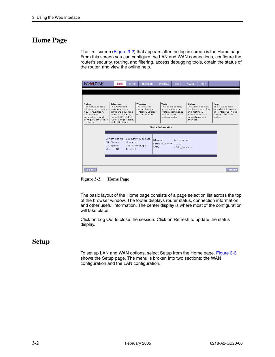 Setup, Home page | Paradyne 6218 User Manual | Page 26 / 78