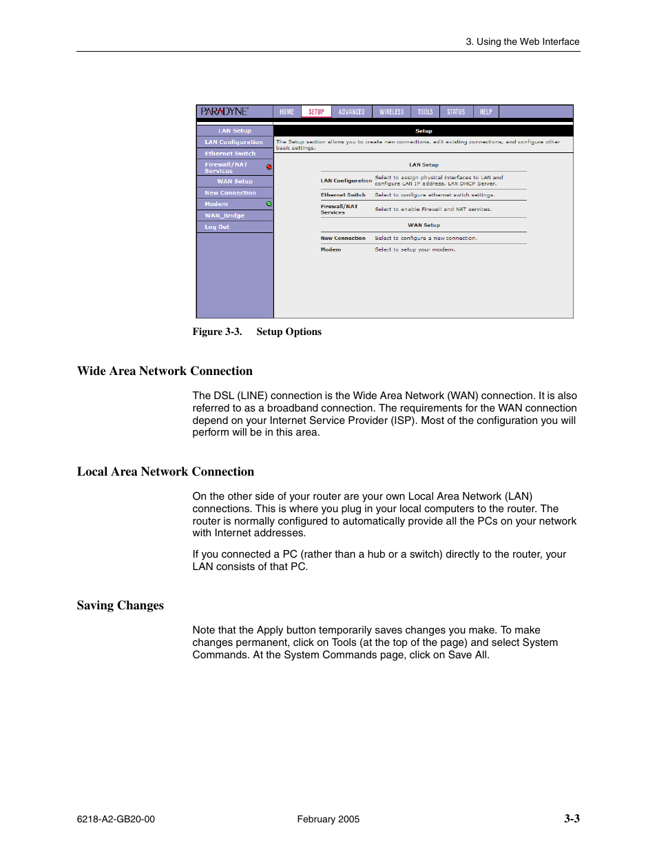 Wide area network connection, Local area network connection, Saving changes | Figure 3-3 | Paradyne 6218 User Manual | Page 27 / 78