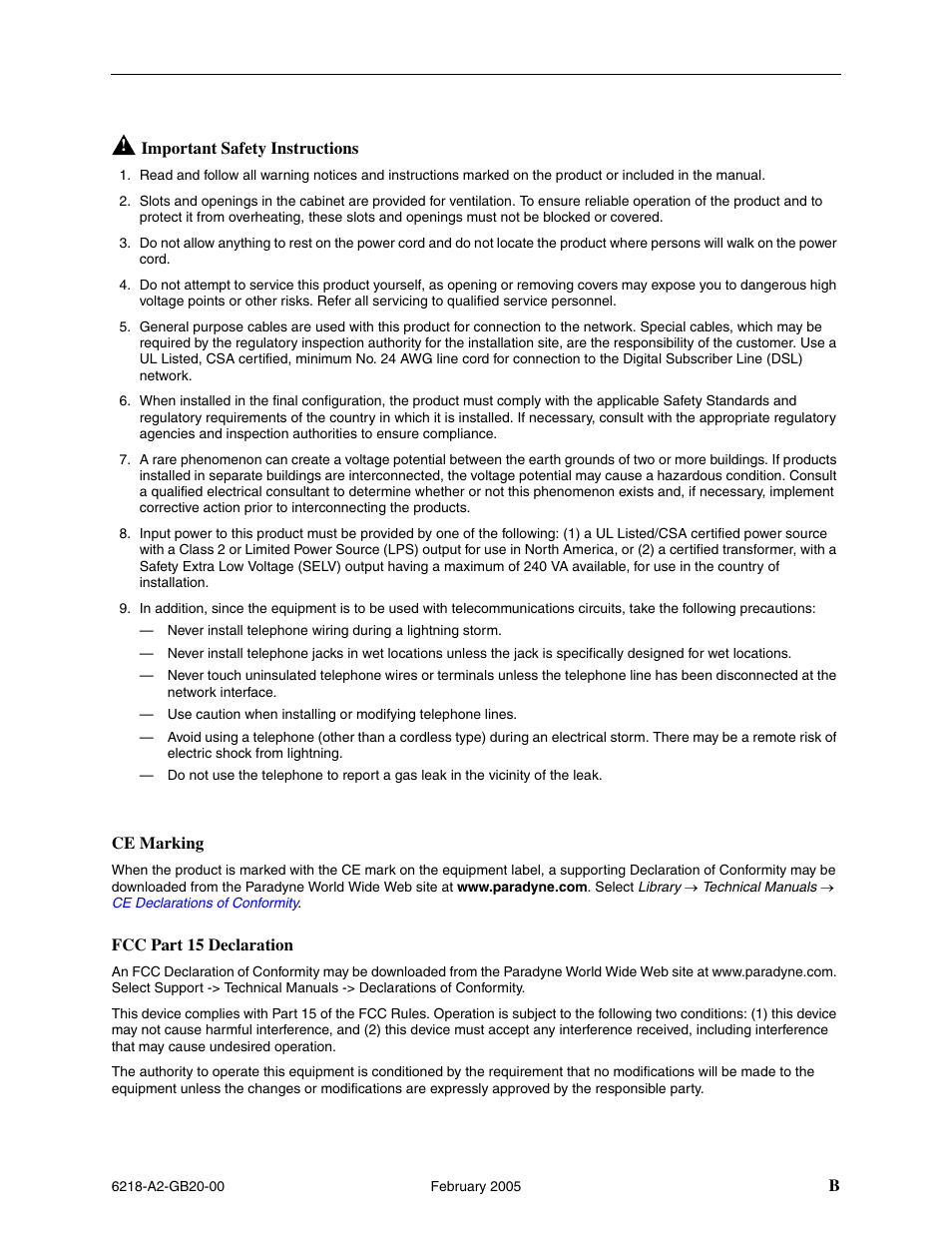 Bimportant safety instructions, Ce marking, Fcc part 15 declaration | Paradyne 6218 User Manual | Page 3 / 78