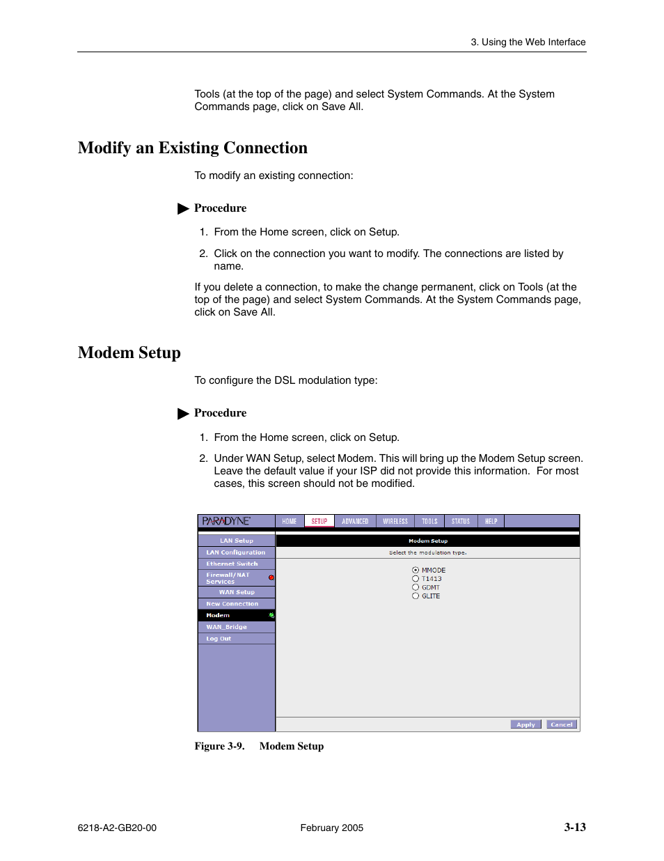 Modify an existing connection, Modem setup | Paradyne 6218 User Manual | Page 37 / 78