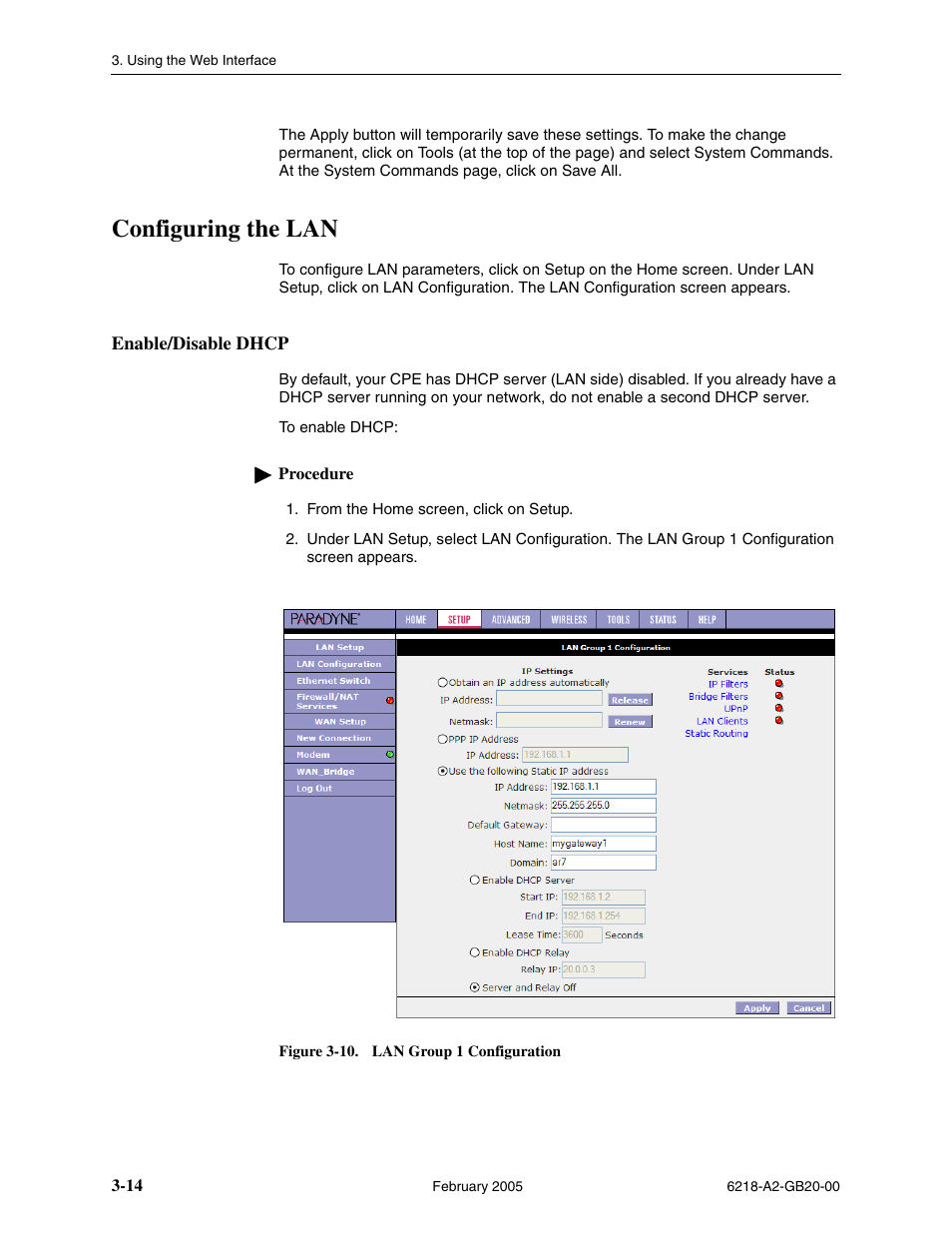 Configuring the lan, Enable/disable dhcp | Paradyne 6218 User Manual | Page 38 / 78