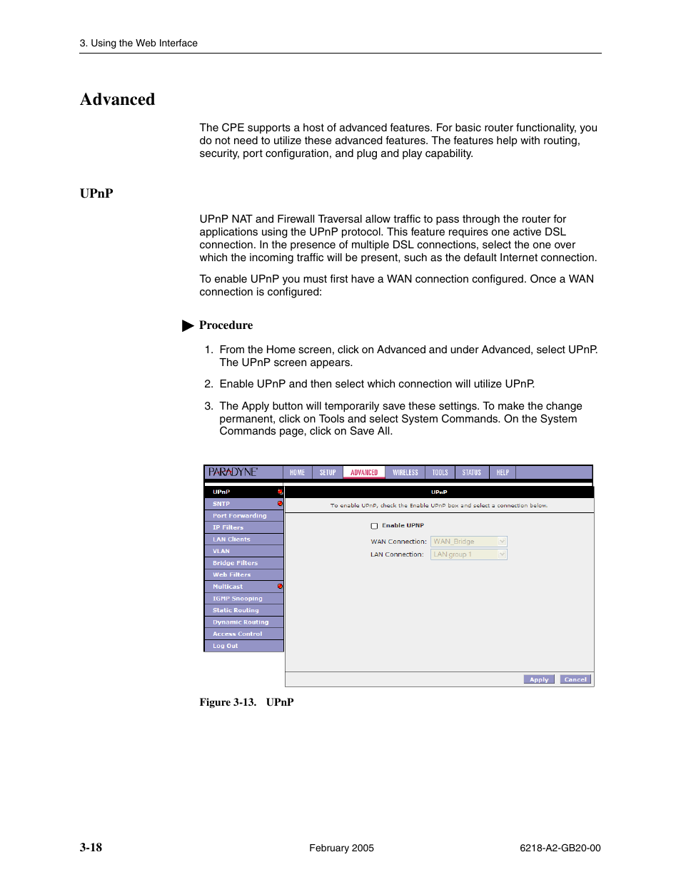 Advanced, Upnp | Paradyne 6218 User Manual | Page 42 / 78