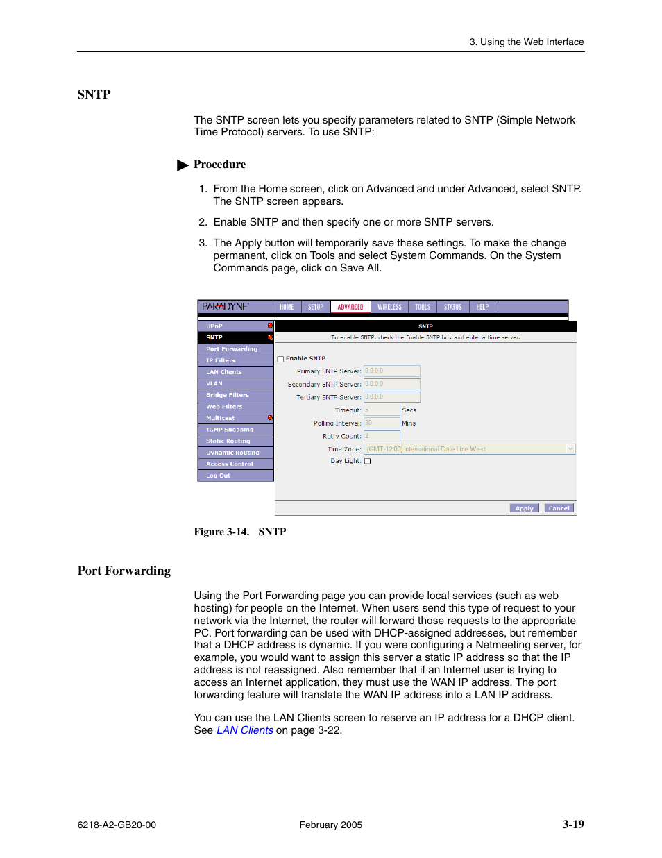 Sntp, Port forwarding | Paradyne 6218 User Manual | Page 43 / 78