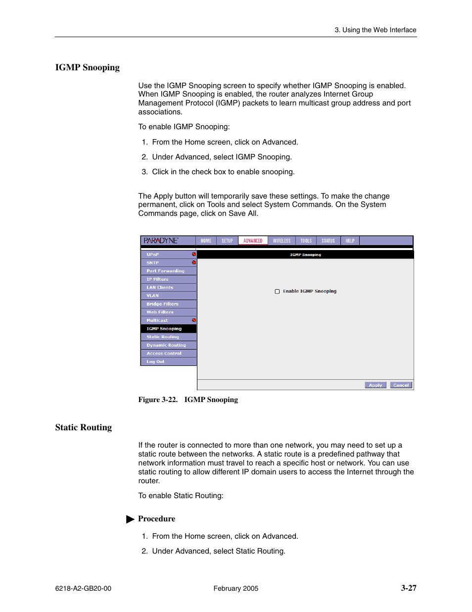 Igmp snooping, Static routing | Paradyne 6218 User Manual | Page 51 / 78