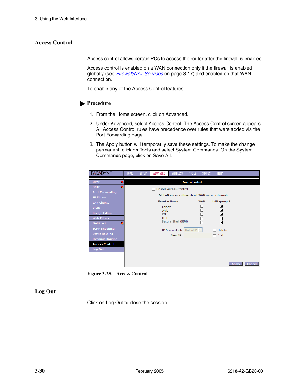 Access control, Log out | Paradyne 6218 User Manual | Page 54 / 78