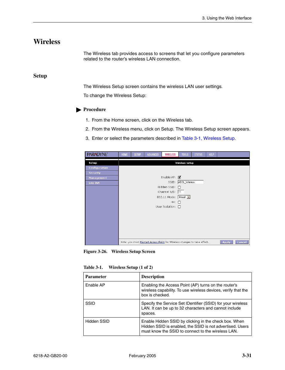 Wireless, Setup | Paradyne 6218 User Manual | Page 55 / 78