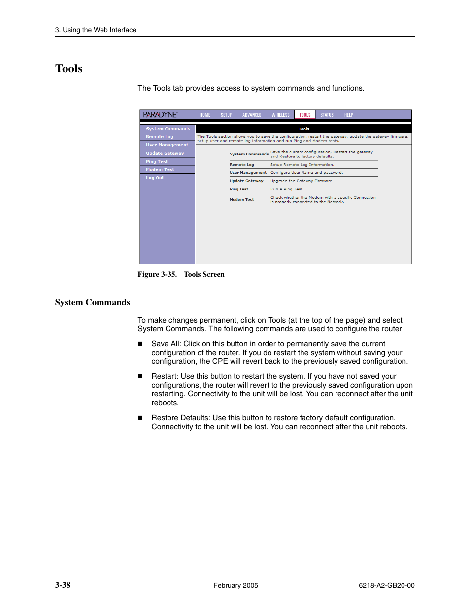 Tools, System commands | Paradyne 6218 User Manual | Page 62 / 78