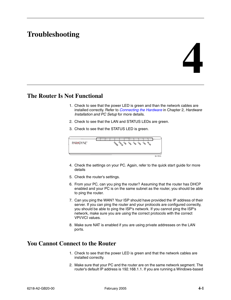 Troubleshooting, The router is not functional, You cannot connect to the router | Chapter 4, troubleshooting | Paradyne 6218 User Manual | Page 71 / 78