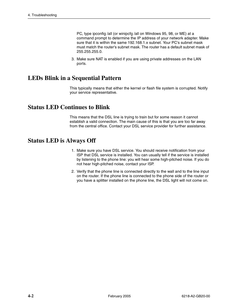 Leds blink in a sequential pattern, Status led continues to blink, Status led is always off | Paradyne 6218 User Manual | Page 72 / 78