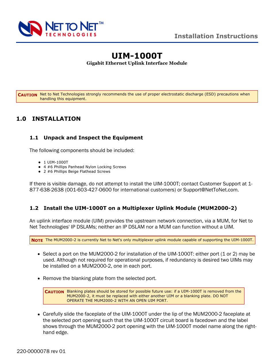 Paradyne UIM-1000T User Manual | 4 pages