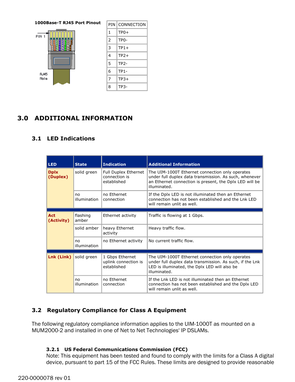 0 additional information, 1 led indications, 2 regulatory compliance for class a equipment | Paradyne UIM-1000T User Manual | Page 3 / 4