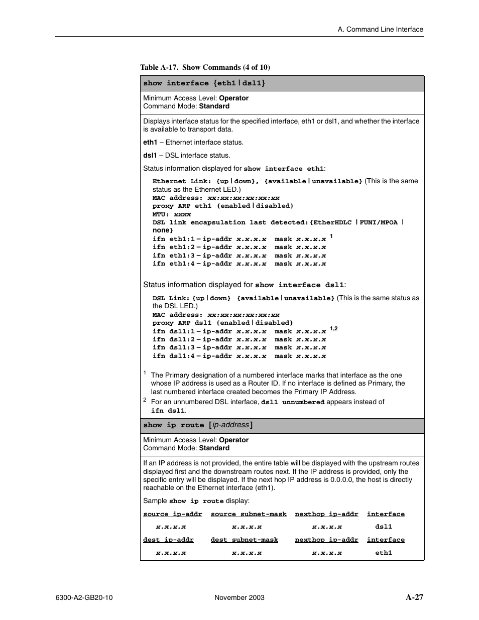 Show interface {eth1 | dsl1, Command line interface , fo | Paradyne 6342 User Manual | Page 101 / 146