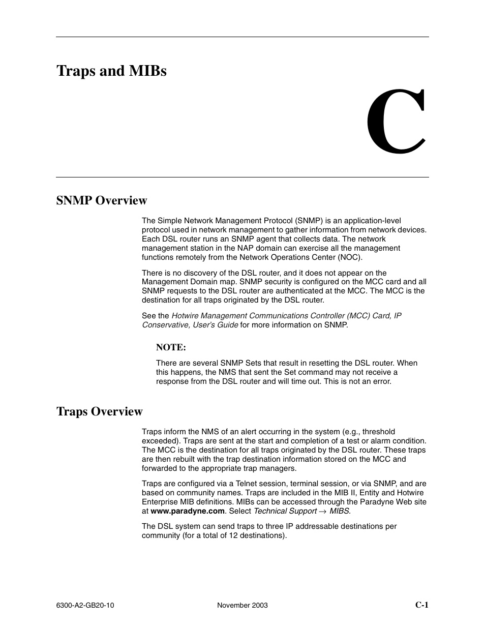 Traps and mibs, Snmp overview, Traps overview | C traps and mibs, Appendix c, traps and mibs | Paradyne 6342 User Manual | Page 115 / 146