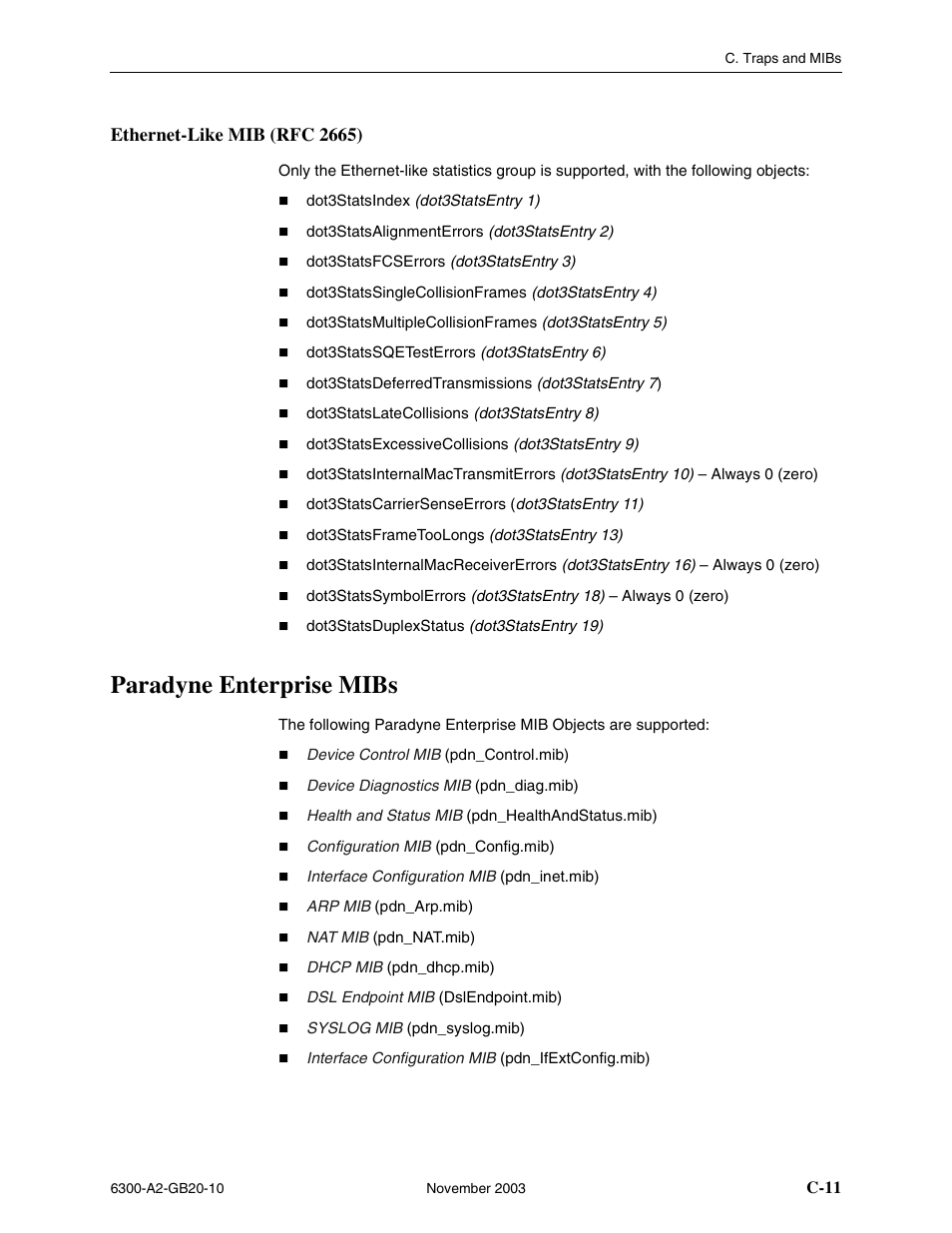 Ethernet-like mib (rfc 2665), Paradyne enterprise mibs, C-11 | Paradyne 6342 User Manual | Page 125 / 146