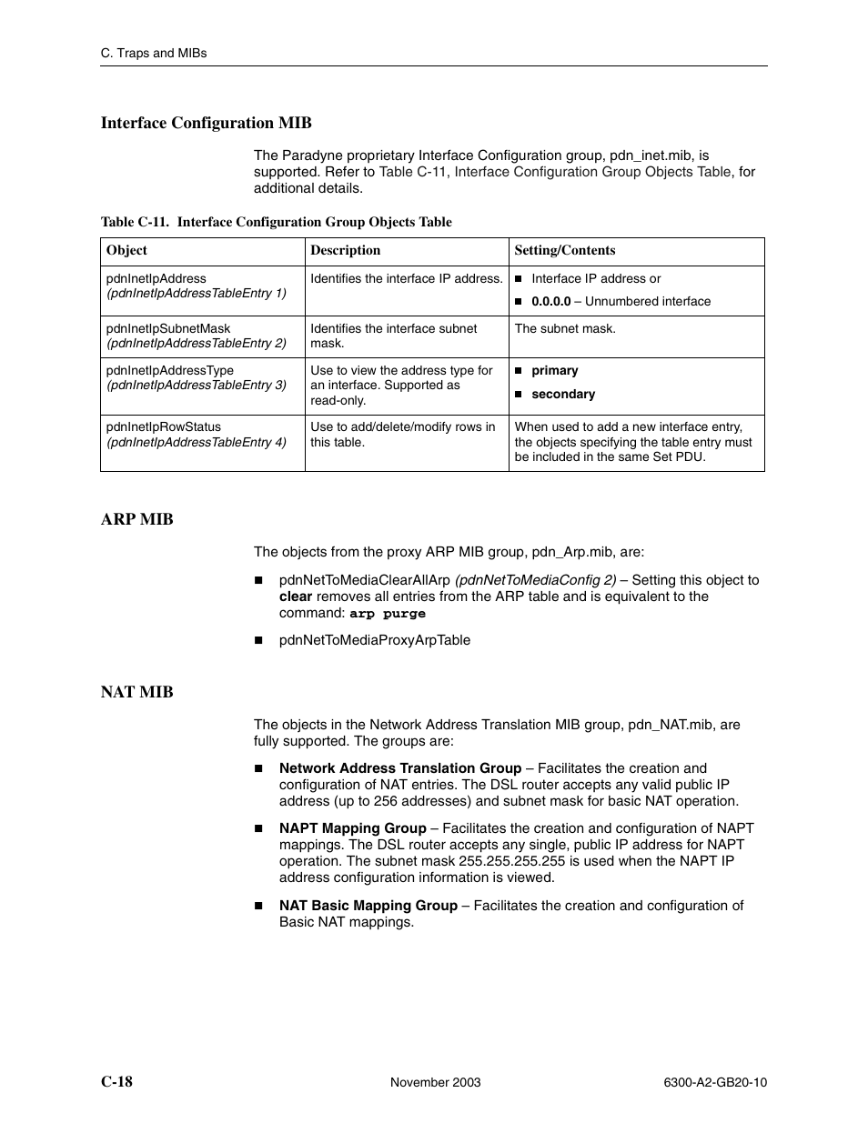 Interface configuration mib, Arp mib, Nat mib | C-18 | Paradyne 6342 User Manual | Page 132 / 146