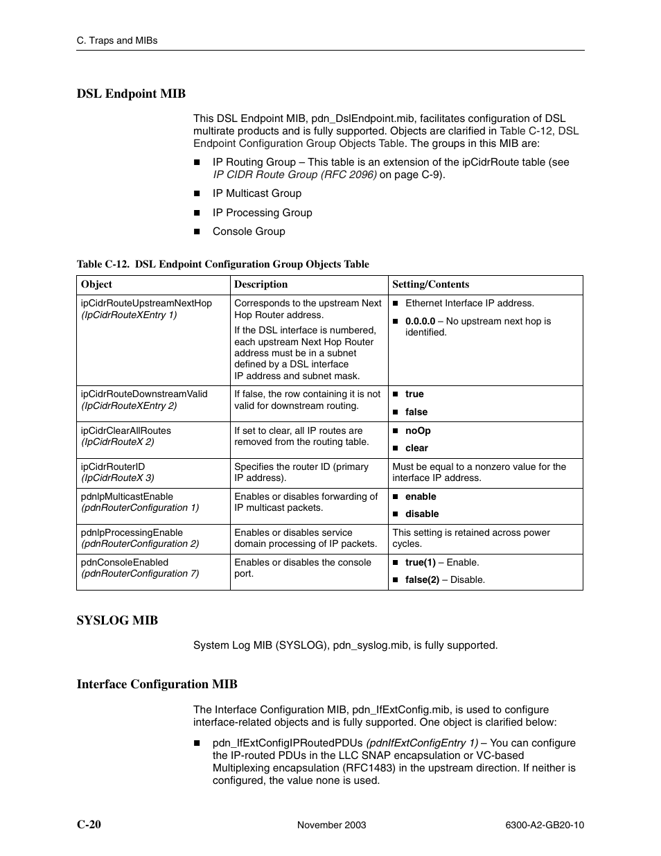 Dsl endpoint mib, Syslog mib, Interface configuration mib | C-20 | Paradyne 6342 User Manual | Page 134 / 146